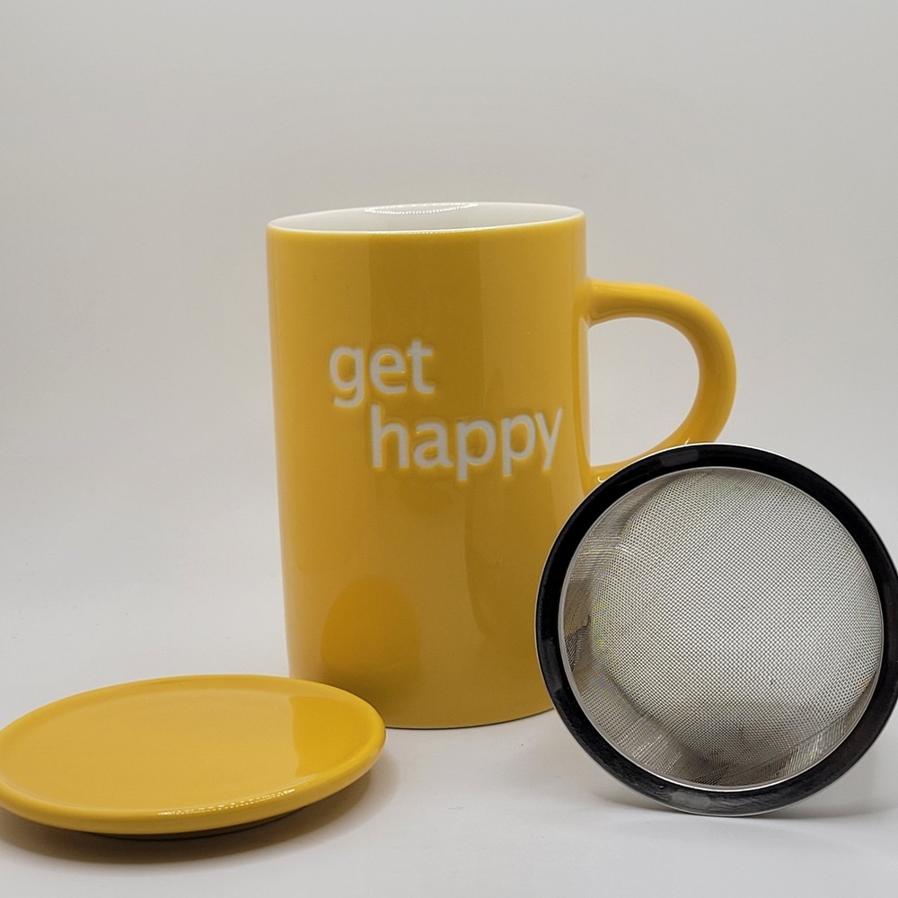 The Republic of Tea Get Happy Yellow Tea Mug w Infuser Lid 4.25"